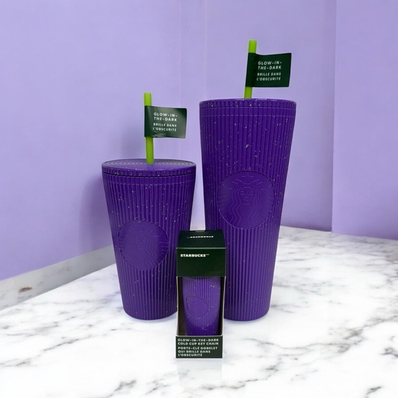 Starbucks Vibrant Purple Tumblers with Neon Green Straws